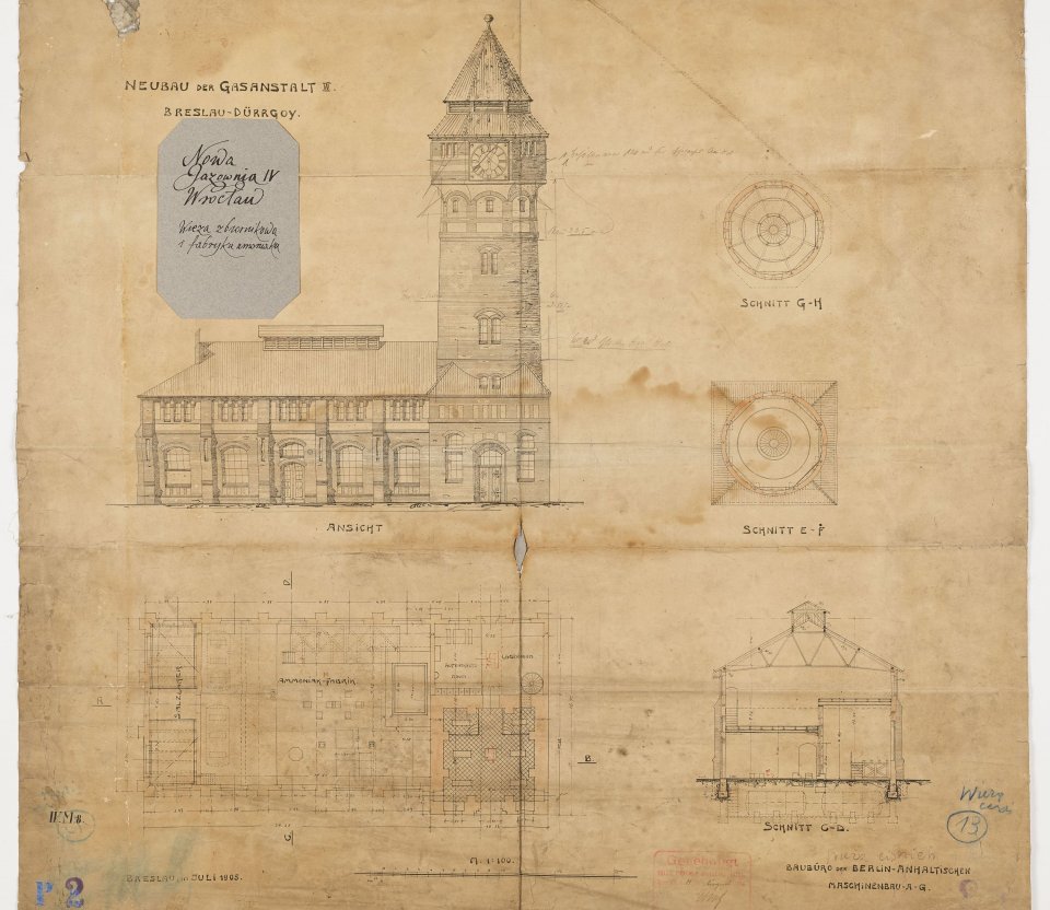 Blueprint of a storage tower and an ammonia plant
